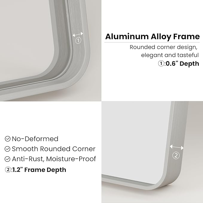 Brushed Nickel Bathroom Mirror, 30x36 Inch Thick Silver Metal Rectangle Frame Wall Mirror, Modern Round Corner Bathroom Vanity Mirror for Over Sink, Bedroom, Living Room, Entryway