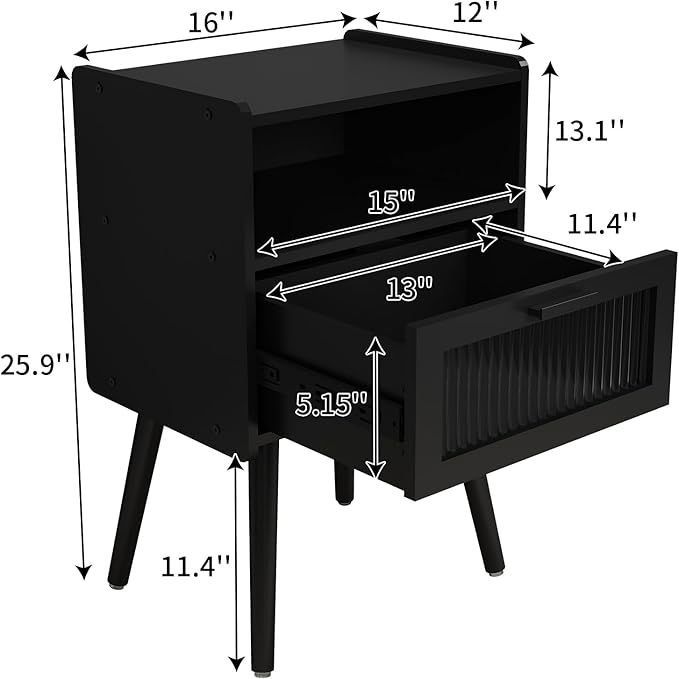 SOOWERY Mid Century Modern Nightstand, Side Table with Storage, Bedside Tables with Acrylic Drawer, End Table with Solid Wood Legs for Bedroom, Living Room and Small Spaces, Black