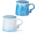 Coffee Mug with Lid, Porcelain Tea Cups Set of 2, 11oz Covered Crystalline Glaze Espresso Mugs, Ceramic Demitasse for Coffee, Cappuccino, Latte, Americano, Tea, Water (Deep Blue and Light Blue)