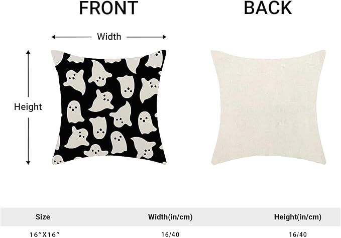 Halloween Pillow Covers 16 x 16 Inch, Black and Cream Ghost Decor Throw Pillows for Couch Bed, Halloween Outdoor Farmhouse Decorative Pillowcase Linen Cushion Cover Set of 2