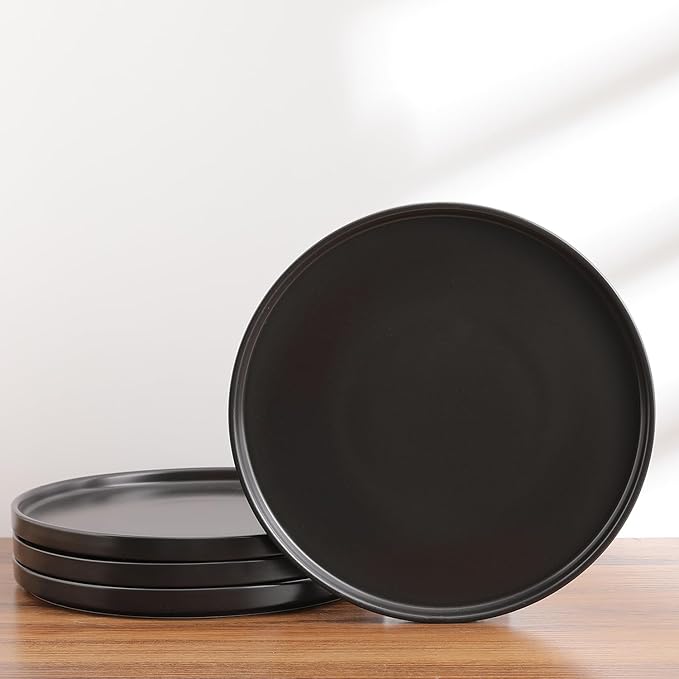 Stone Lain Coupe - Celina Stoneware Round Dinner Plates Set, 4-Piece, Black Matte