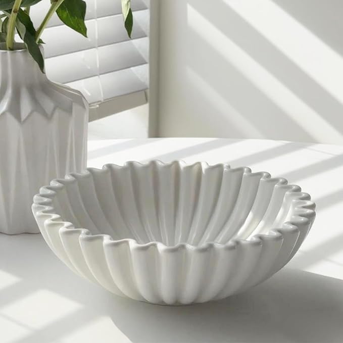 KULEDM Large Decorative Bowl Home Decor - 10in Ceramic White Scalloped Ruffle Fruit Bowl for Kitchen Counter, Dishwasher & Microwave Safe