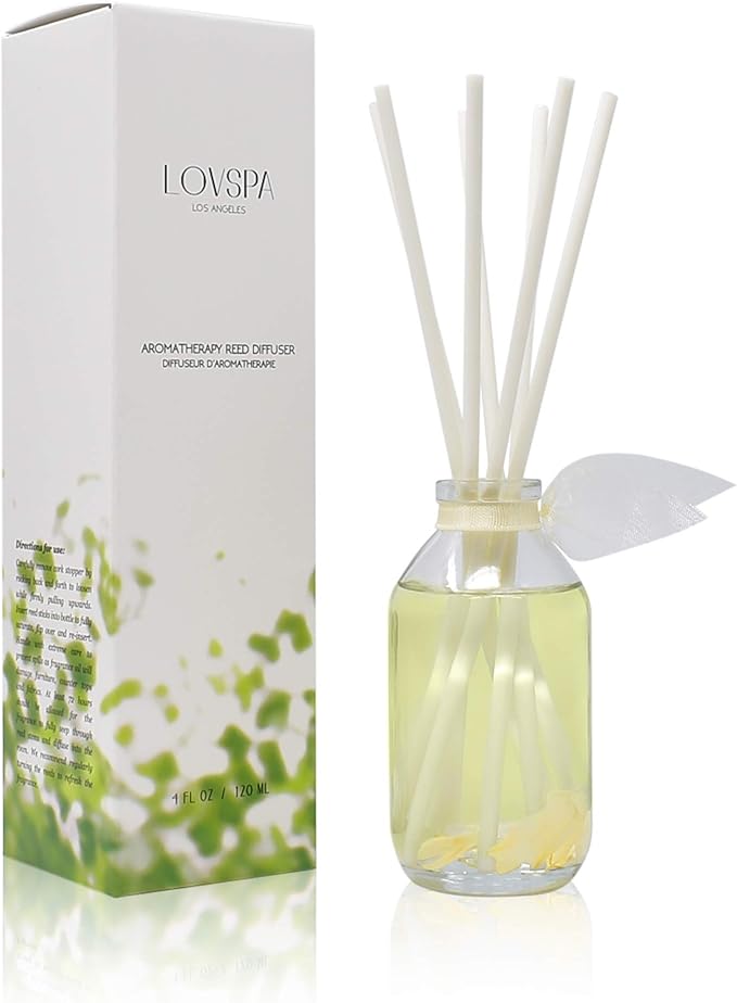 LOVSPA Reed Diffuser Set, Jasmine Vanilla Scented Oil Diffuser with Sticks, Home Fragrance Accessories for Bathroom Shelf Decor, Aroma Diffusers for Home or Office Desk, USA Made