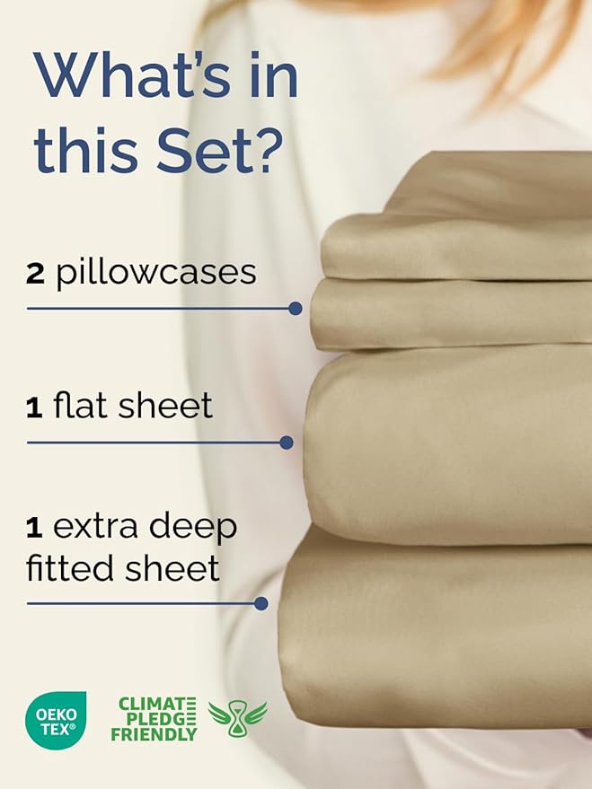 Extra Deep Twin Sheet Set - 4 Piece Breathable and Cooling Sheets - Hotel Luxury Bed Sheets Set - Easy & Secure Fit - Soft, Wrinkle Free and Comfy Sheets Set - Beige Sheet Set with Extra Deep Pockets