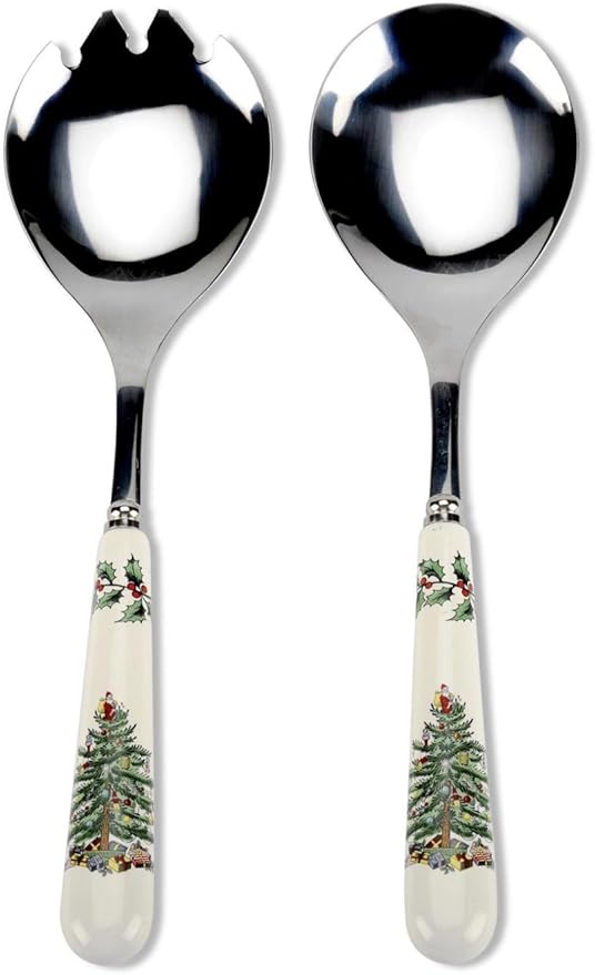 Spode Christmas Tree Salad Server Set (2-Piece) - 10 Inch Stainless Steel with Porcelain Handles, Festive Flatware for Holiday Dining - Dishwasher Safe, Seasonal Entertaining & Gift-Giving