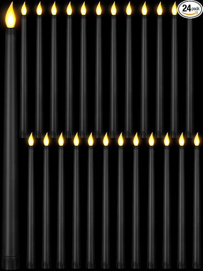 Treela 24 Pcs Flameless Taper Candles Battery Operated Bulk Fake 11 Inch Candles Light LED Candlesticks Flickering Tapered for Wedding Halloween Christmas Decoration(Black,Basic)