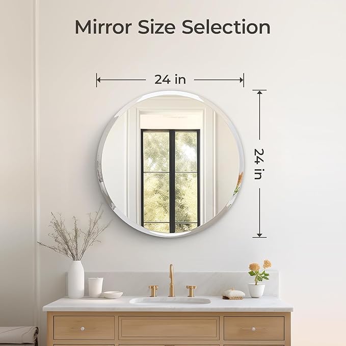 KOHROS Frameless Round Bathroom Mirror for Over Sink 24" x 24" Circle Mirror Beveled Edge Wall Mirror for Bathroom Vanity Entryway Bedroom