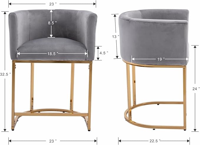 Modern Counter Height Velvet Upholstered Bar Stools Set of 4, 24" Kitchen Counter Island Stools Bar Chairs with Gold Metal Frame for Kitchen Island, Gray