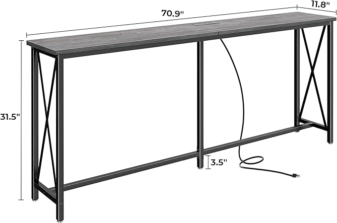 SUPERJARE 70 Inch Console Table with Outlets and USB-C Port, Extra Long Behind Couch Sofa Table with X-Shaped Design, Narrow for Entryway, Living Room, Metal Frame, Wooden Top, Grey