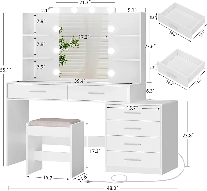 Quimoo 48" Large Vanity Desk with Mirror & Lights, Makeup Vanity Table with 6 Drawers & Power Outlet, 4 Open Storage Shelves, Vanity Desk Set with Stool, for Women Girls, White