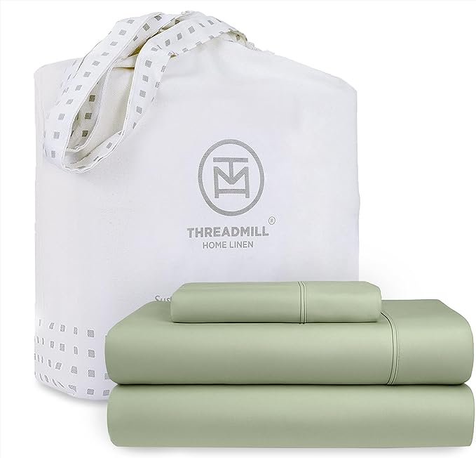 Threadmill Cotton Twin Sheet Set | 100% Cotton Sheets for Twin Size Bed | Solid Sateen Twin Bed Sheets Set with 16” Deep Pocket | Soft Breathable 3-Piece Cooling Sheet Set | Sage Green