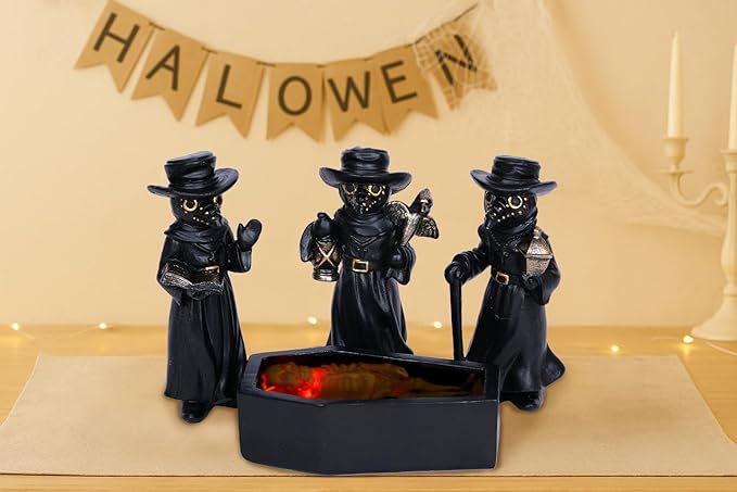 4Pcs Halloween Plague Doctor Figurine with Light-Up Skeleton in Coffin – Mini Gothic Resin Halloween Decorations for Tabletop, Mantel, Indoor Display Gifts for Indoor Home Decor