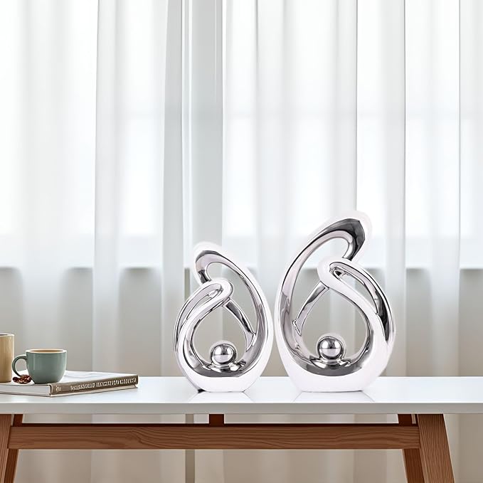 Home Decor Accent,Porcelain Art Mid Century Bookshelf Decorations,Gold Centerpieces for Tables,Abstract Ceramic Statue Sculpture for Coffee Table Mantel Tv Stand Centerpieces (White Silver, Small)