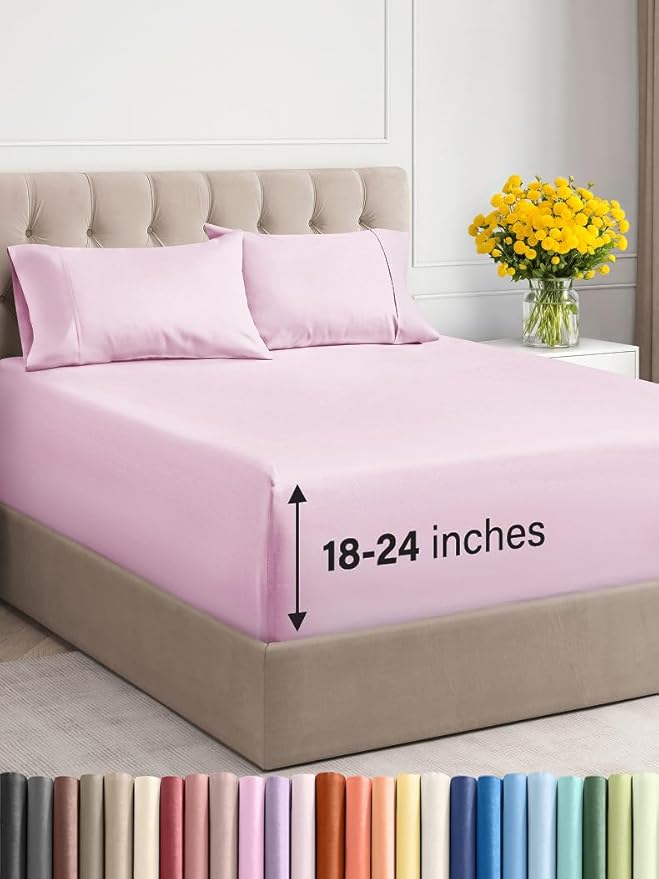 Extra Deep Twin XL Sheet Set - 4 Piece Breathable and Cooling Sheets - Hotel Luxury Bed Sheets Set - Easy Fit - Soft, Wrinkle Free and Comfy Sheets Set - Light Pink Sheet Set with Extra Deep Pockets