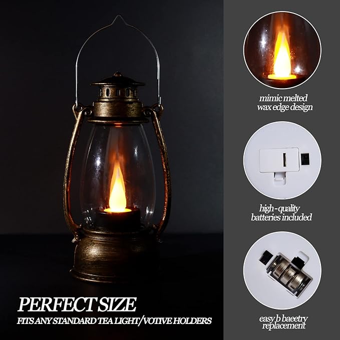 (12 Pcs-5.1in) Mini Lanterns for Vintage Western Christmas Decor, Lightweight Bronze Small LED Lanterns Decorative Indoor & Outdoor Hanging Ornaments for Weddings Party Halloween Decorations