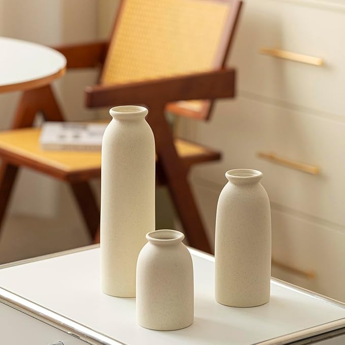 10.4 inches Tall Decorative Ceramic Vase Set, 3 Pieces, Nordic Modern Boho Style, White, for Home Decor (Beige)