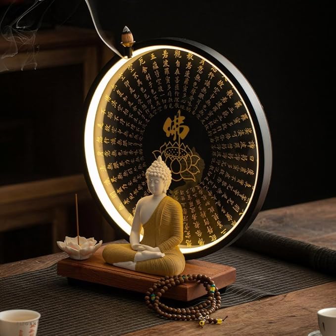 Shakyamuni Buddha Ceramic Statue Indoor Backflow Incense Burner with Led Ring Light Heart Meridian Painting，Meditation Decoration for Home and Office, Suitable for Cone and Stick Incense