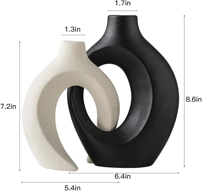 Black and Off-White Vases for Decor, Hollow Ceramic Vase Set of 2, Nordic Minimalist Aesthetic Snuggle Vases, for Table Centerpiece Dining Living Room Book Shelf Decoration (W 6.3" X H 8.4")