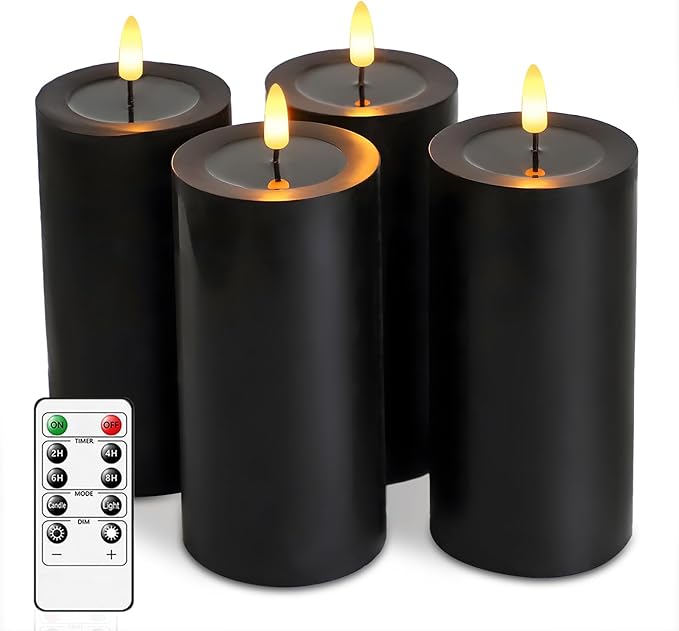4 Packs Flameless Candles, Black Battery Operated Candles, Black Halloween LED Candles, Real Wax Flickering Candlelights with Remote for Home Fall Halloween Christmas Party Candelabra
