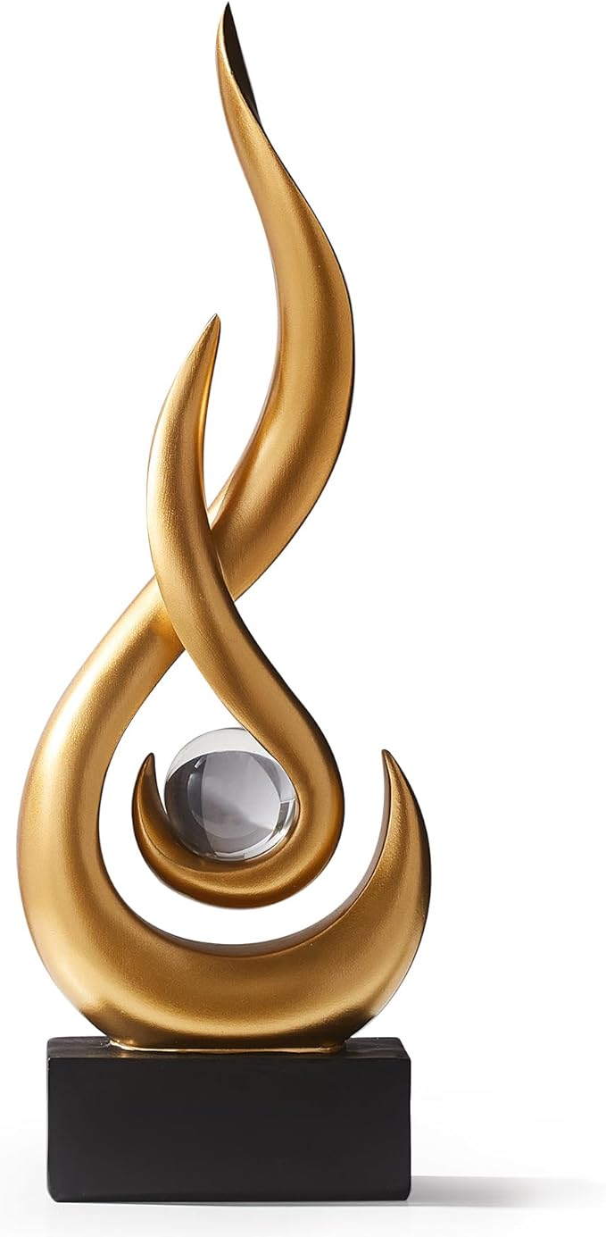AWNR Modern Gold Sculpture Decor: Flame Statue with Glass Ball Resin Abstract Art Figurines Unique Centerpiece for Home Living Room TV Stand Coffee Table Office Decor