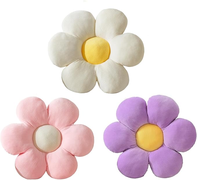 Flower Pillow - 3 Pcs Flower Shaped Throw Pillow 15.7'' Cute Daisy Flower Pillow Flower Seating Cushions for Adults Kids Home Bedroom Sofa Chair Couch Decor (White/Pink/Purple, 15.74 in)