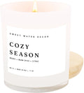 Sweet Water Decor Cozy Season Soy Candles - Fall Candles with Woods, Warm Spice, and Citrus Scent for Home Decor - Soy Candle with 50 Hours Burn Time - 11Oz Wood Lid White Jar Candles Fall Scents