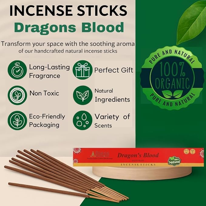 Bless-Dragons-Blood 100%-Natural-Handmade-Hand-Dipped Organic-Chemicals-Charcoal-Free Purification-Relaxation-Positivity-Yoga-Meditation Best-Woods-Scent (100 Sticks (5.25 OZ))
