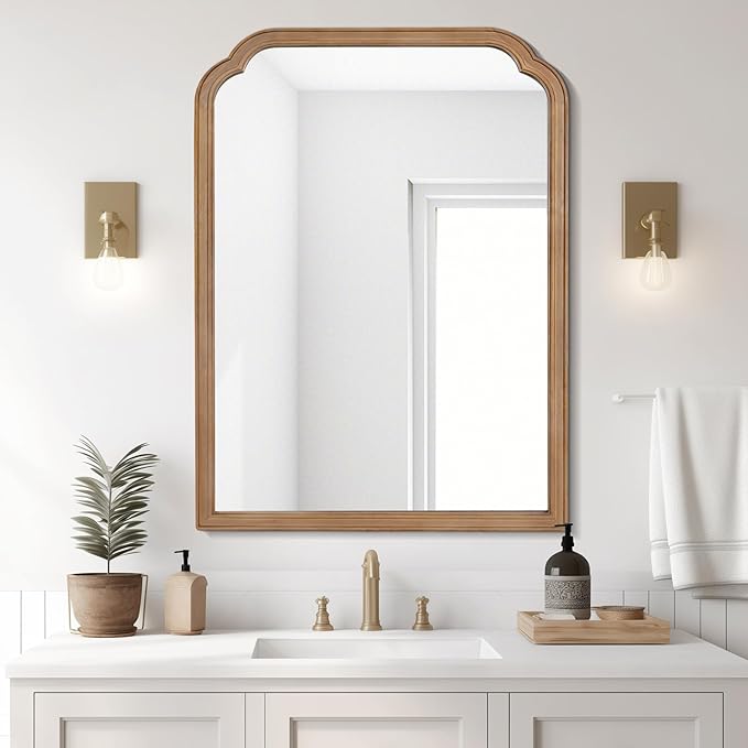 WallBeyond 30" x 40" Wood Bathroom Mirror for Wall Mounted, Rustic Rounded Corner Vanity Mirror for Entryway, Living Room or Bedroom Home Decorative [30" x 40" Honey-Colored]
