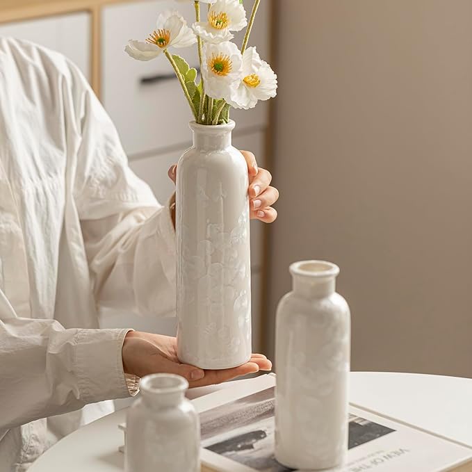 Modern Ceramic Vase Set of 3, Neutral Colors, Decorative Bottles for Home, Farmhouse Rustic Decor (Crystalline Glaze White)