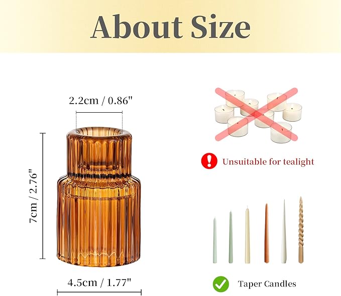 Hewory Glass Taper Candle Holders: 20 PCS Amber Elegant Candle Holder Candlestick Holders Bulk, Ribbed Glass Candle Holder Candle Sticks Holder Decor for Table Centerpiece Fall Thanksgiving Home Decor