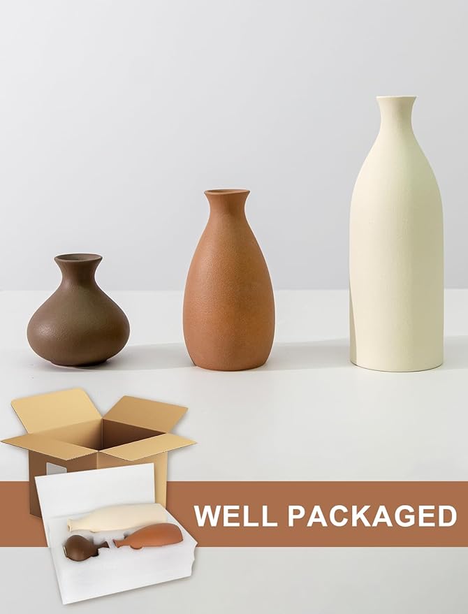 Ceramic Vase Set of 3 Modern Neutral, Flower Vases for Centerpieces, Vases Home Decor Rustic Farmhouse Decor for Table, Shelves, Enterway, Living Room, Bedroom, Office, Kitchen (Brown Grey White)