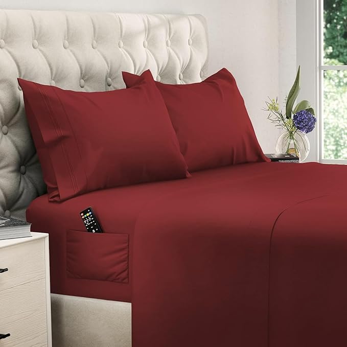 DREAMCARE Full Size Cooling Sheets - 4pcs Set - Soft & Long Lasting 100% Fine Brushed Polyester with Side Pocket - Burgundy