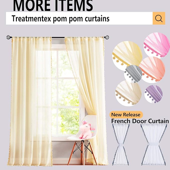 Treatmentex Aqua-Blue Pom-Pom Sheer Curtains for Bedroom Nursery Room 63inches Long Linen Textured Window Sheer Drapes 52" W, 1 Pair, Rod Pocket