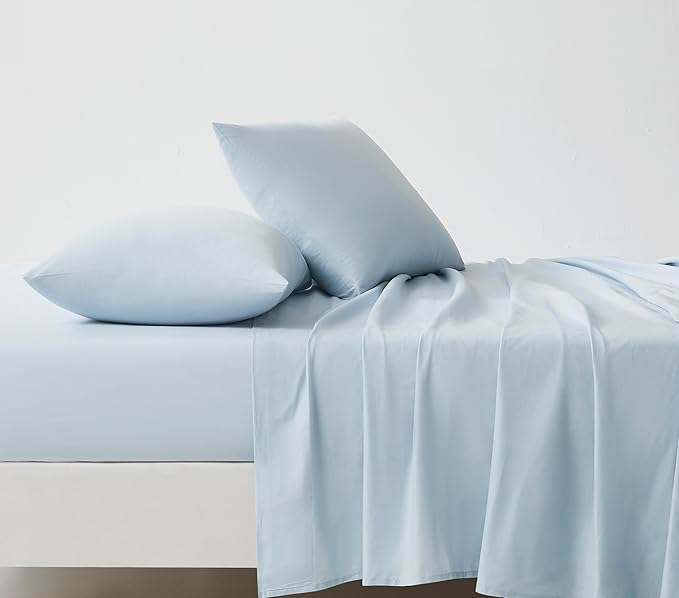 Linen Closet Organic 100% Cotton Queen Sheet 4 Pcs Set, 18” Deep Pocket, Light Blue | Lightweight, Eco-Friendly Cotton, Percale Softness, Durable & Breathable, Naturally Cooling | All Season Comfort