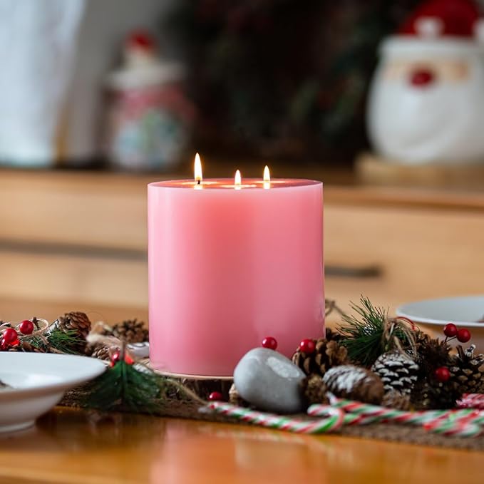 MOZEAL Extra Large 3 Wick Pink Pillar Candle, 6" x 6", Unscented, Dripless, Smokeless, and Clean-Burning. Approx. 120 Hours of Burn Time. Perfect for Weddings, Dinners, Christmas and Home Decor