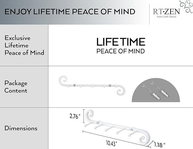 RTZEN Farmhouse Small Key Holder for Wall - Handcrafted Swirl Decorative 5 Key Hooks for Home Entryway - Wrought Iron Wall Mount Rack Purse Coat and Leash Holder or Organizer (Classic White)
