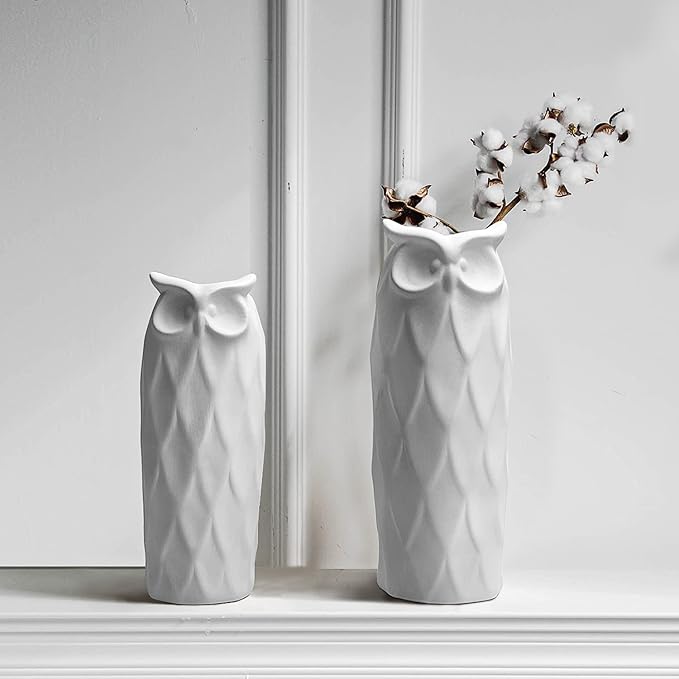 Owl Ceramic Vase Set of 2 for Living Room Bedroom 9.45'' and 8.27'' Modern White Fake Flower Plant Vases for Home Decor Office Table Shelf Fireplace Retro Rustic Farmhouse Vintage Classic Gift