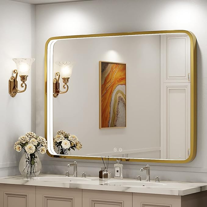 40x30 Inch LED Bathroom Mirror with Lights,Gold Metal Frame Lighted Vanity Mirror, Anti Fog Design&Dimmable&Touch Switch, Wall Mounted Rectangle Mirror (Horizontal&Vertical)