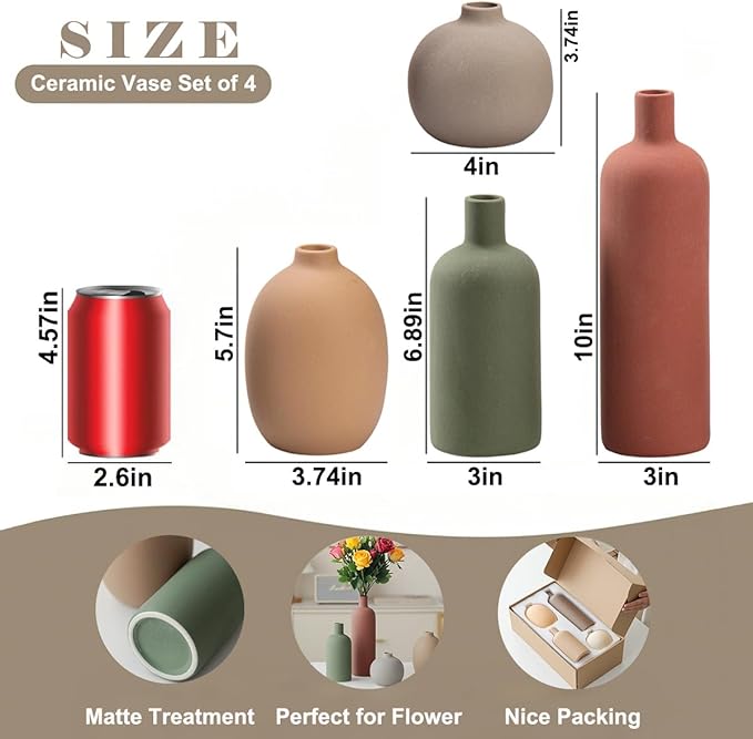 Modern Ceramic Vase Set, Neutral Colors, Decorative Vases for Home Decor, 4 Piece Collection (Green Mix Set 4)