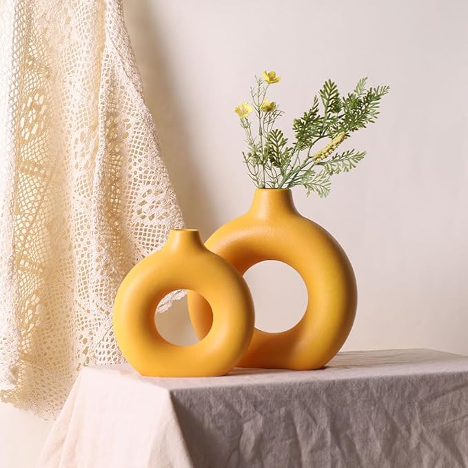 Yellow Ceramic Vase Set of 2 - Yellow Vase for Home Decor, Round Boho Vases for Pampas Grass and Flowers Decor, Modern Living Room, Bedroom, Fireplace, Farmhouse, and Centerpieces