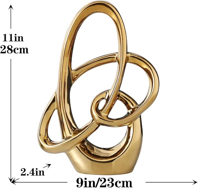 Modern Gold Knots Decor Ceramic Statue - Abstract Home Accent & Tabletop Figurine for Living Room, Bedroom, Bathroom, Office, Shelf, Mantel - Wedding, Coffee Table, Dining Room Centerpiece Decoration