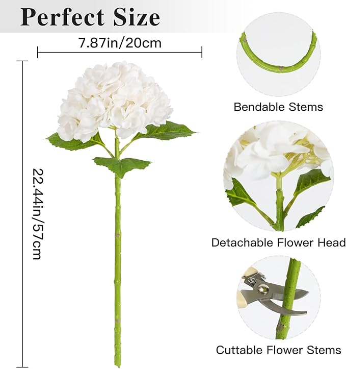 Nubry 22.44In White Hydrangea Artificial Flowers,4Pcs Latex Faux Real Touch Large Hydrangea Flowers with Long Stems & Leaves for Home Office Decor Wedding Party Arrangements(White)