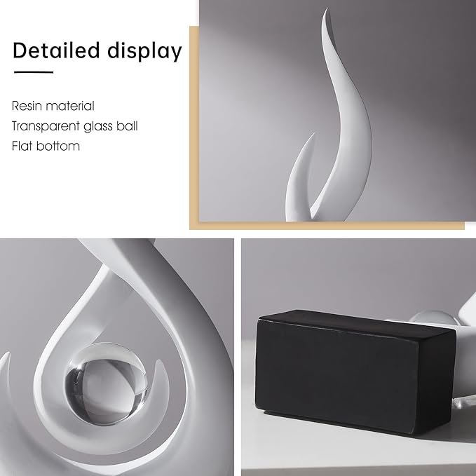 AWNR Modern White Sculpture Decor: Flame Statue with Glass Ball Resin Abstract Art Figurines Unique Centerpiece for Living Room TV Stand Coffee Table Office Decor