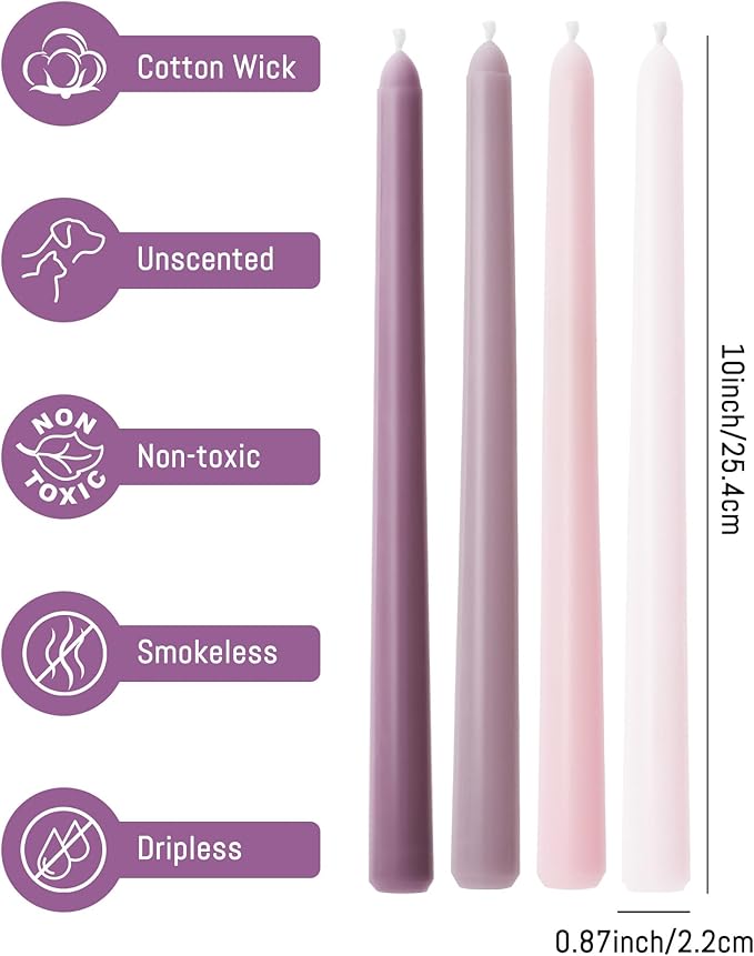 Viyffo Taper Candles 10 Inch Pink with a Purple Hue Set of 4 Unscented, Dripless, Smokeless Long Tall Tapered Candlesticks Wedding Home Decor Dinner Natural Color Series