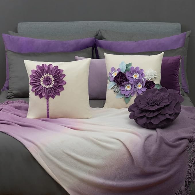 JWH Decorative Flower Throw Pillow Covers 3D Sunflower Pillow Case Velvet Cushion Creamy White Floral Pillowcase for Bed Living Room Couch Chair 18x18 Inches Purple