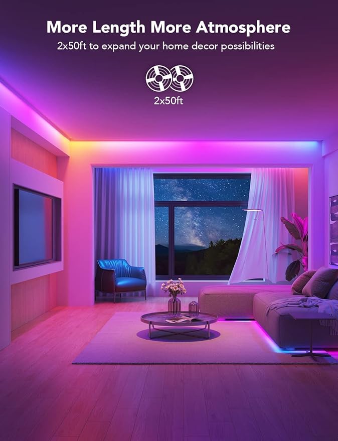 Govee 100ft RGBIC LED Strip Lights, Smart LED Lights Work with Alexa and Google Assistant, LED Lights for Bedroom WiFi App Control Segmented DIY Multiple Colors, Color Changing Light, (2 x 50ft)