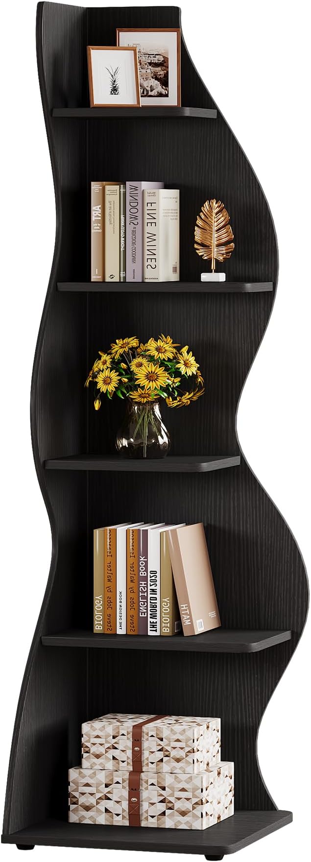 Tribesigns Wavy Corner Shelf, Modern 5-Tier Bookshelf Bookcase with Curvy Shape, Unique Plant Stand Display Rack for Living Room Small Space (Black)