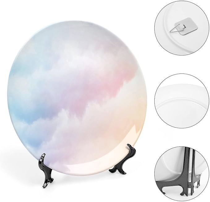 XISUNYA 7 Inch Decorative Plate, Rainbow Ceramic Plate, Fluffy Dreamy Gradient Faded Pastel Cloud Sublime Print Ornament Display Plate Handmade Plate Wedding Christmas Thankgiving Gifts