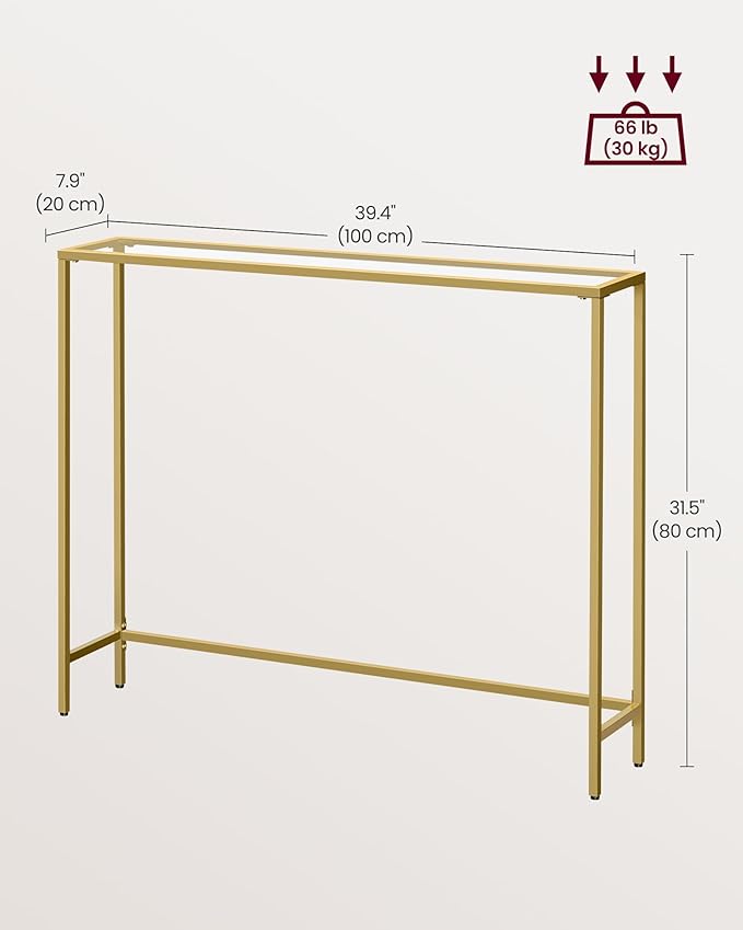 VASAGLE Entryway Table, Console Table, Tempered Glass Tabletop, Modern Sofa Table, Easy Assembly, with Adjustable Feet, for Living Room, Entryway, Pale Gold and Transparent ULGT132A01