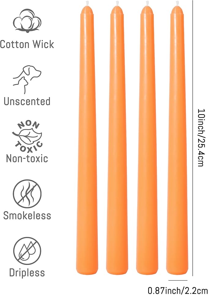 Viyffo Taper Candles 10 Inch – 12 Pack Mild Orange, Dripless, Unscented, Smokeless – 8 Hour Burn – Tall Candlesticks for Wedding, Dinner, Holiday, Party, Home Decor